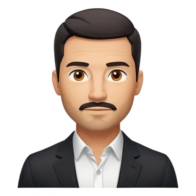 Handsome athletic man in his mid-40s with tan skin, short black hair with clear fade cut, 5 o'clock shadow facial hair, strong square masculine face, warm approachable expression, black blazer worn open, white buttoned shirt with collar unbuttoned, explicitly no tie sticker