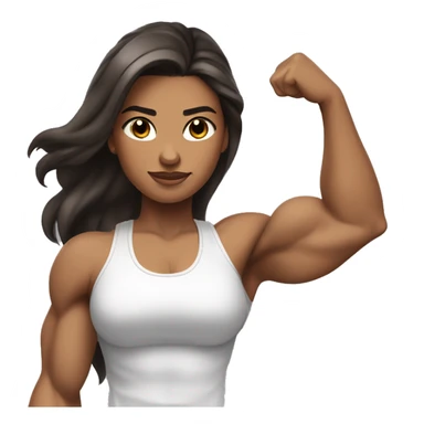 Strong muscle girl brown hair flexing one arm white top; black long hair (with a bit silver highlight & balayage towards the lower end); skin isn’t too tan sticker