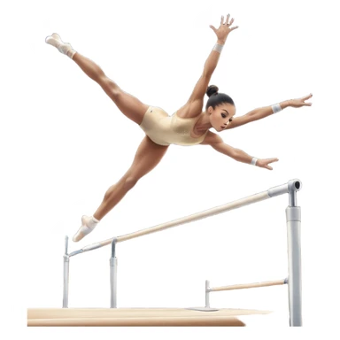 Professional gymnast performing a dynamic routine on parallel bars, captured mid-air in an elegant flip. The background features a well-lit gymnastics arena with a cheering audience. The athlete's posture and expression convey strength, control, and perfect coordination. sticker