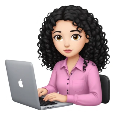 a girl typing mac book with long black curly hair and brown eyes with black eyeliner, pink shirt, social media manager sticker