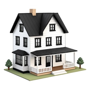 modern farmhouse dollhouse, white with black trim and wooden accents, 3d isometric  sticker