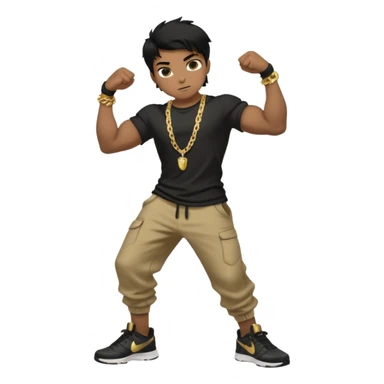 full side body view of muscular 13yo boy with veiny hands arms and biceps. has messy black hair with dark-tan skintone with black tshirt. has gold chain and nike shoes with baggy pants sticker
