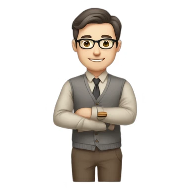 Pale skinned fit man teacher with dark brown hair in gray jacket, beige office shirt, brown tie, brown pants and vintage glasses Writing on the marker board sticker