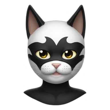 White and black cat wearing a full face black batman mask sticker