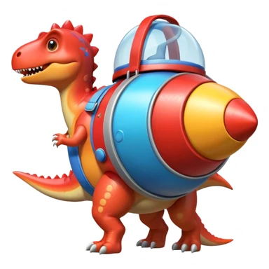 cute toy-like rocket-propelled dinosaur, rounded shapes, glossy texture, colorful rocket backpack, happy expression, 3D cartoon, mobile game icon style, clean background, no text, no watermark
 sticker