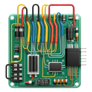 An icon featuring a circuit board, electrical wires, symbolizing electrical engineering. The design includes resistors, capacitors, and a power transformer, representing the study of electrical systems and innovation. Transparent background highlights modern electrical technology sticker