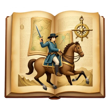 Icon for Reading Fiction: a large open book with pages turning into musketeers on horseback, Sherlock Holmes and Island of treasure map. The icon should evoke the adventure and romance of exploring fictional worlds. Transparent background. sticker