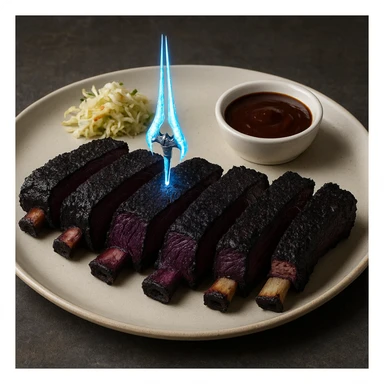 a delicious plate of smoked ribs, the color of the meat is succulent dark blackish purple, the 5 Michelin star dish is plated with a tiny energy sword piercing the center sticker