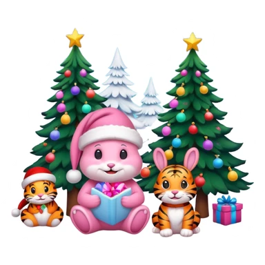 Smiling Pink Bunny with Santa hat sitting with a Tiger as friends and brightly lit colorful Christmas trees 🎁  sticker