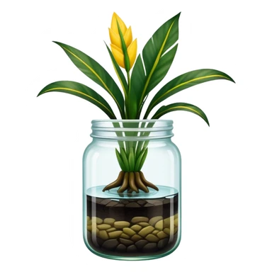 Snake plant with only straight-up dark green leave and yellow top-edges, no background, containe in a glass jar with water up to the middle sticker