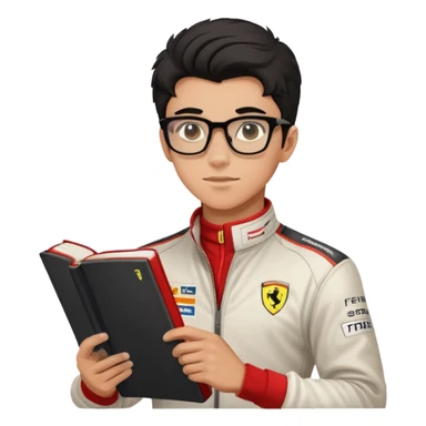 Niño adolescente de 14 años pero parece de 17, alto, musculoso, moreno claro, pelo de librito de color negro, usa lentes cuadrados, alto, corredor de f1, le va a Ferrari  sticker