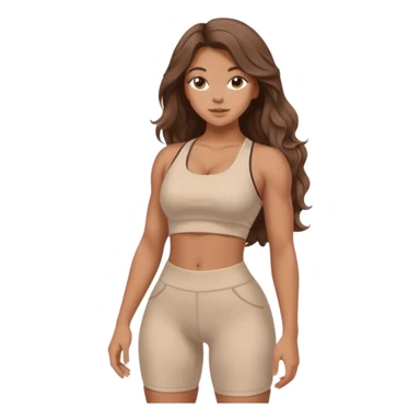 Create dream body girl with big glute and small waist and brown wavy long hair with pastel beige gym clothes  sticker