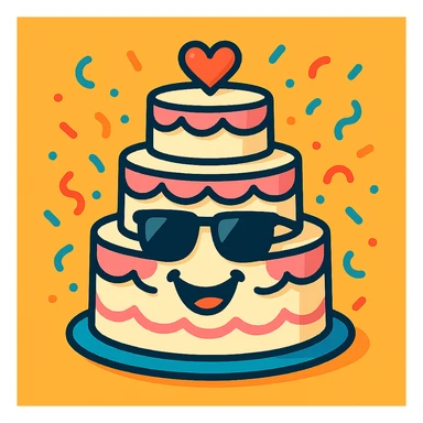 smiling wedding cake with sunglasses and confetti, humorous and festive, ideal for engagement or wedding stickers sticker