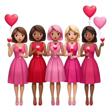 galentines party : they wea red and pink dresses, hold pink and red heart balloons and pink cocktails in their hands, there is a blond girl, a brunette, an asian, and a brown skin girl sticker