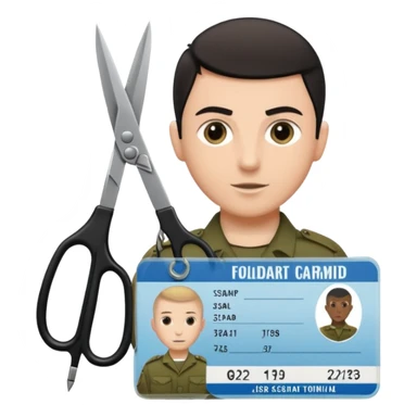Floating black Scissors cutting in half an idf soldier ID card in 2 parts .hyper realistic sticker