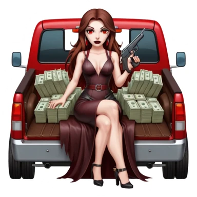 Lilith red eye seductress evil long brown haired sexy succubus woman with leather long dress with slit on, sitting in Big Large F350 pickup truck. Back seat full of stacks of cash, she is  Holding a human skull of her enemies and a gun in other hand sticker