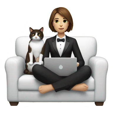  woman with brown hair sitting on the couch with a laptop on her lap next to small black and white tuxedo cat sticker
