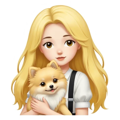A girl with fair skin, long black hair, white suspenders, hugging a pure yellow long-haired Pomeranian sticker