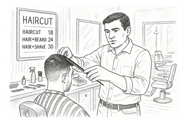 Draw me a sketch of the barbershop, but make sure there's a cash register there. sticker