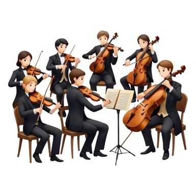 Icon for Classical Music: chamber orchestra with 4-5 musicians playing string instruments (violins, violas, cellos) and a conductor leading the ensemble. The intimate, refined atmosphere. Transparent background. sticker