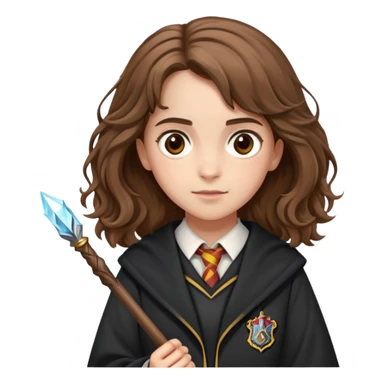 Hermione Granger with bushy brown hair, wand, and Hogwarts uniform sticker