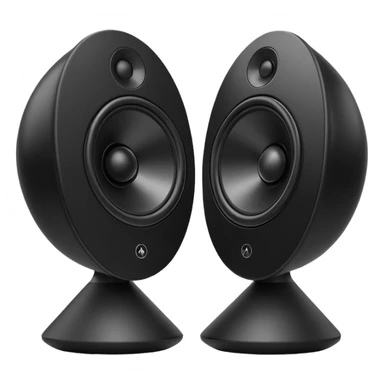 pair of big speakers emoji, deep matte black metal body, circular speaker cones with subtle depth, smooth rounded edges, minimalistic futuristic 3D style, luxury aesthetic sticker
