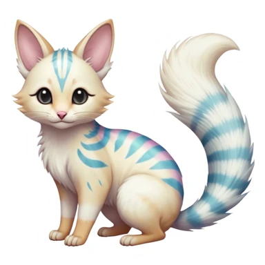  cute adorable whitish albino fur with random colorful markings iridescent beautiful elegant pretty precious cute  Fakémon-Pokémon-alien-opossum-feline-serval-caracal-chinchilla-Minccino-hybrid-creature with a big fluffy bushy striped tail (full body) sticker