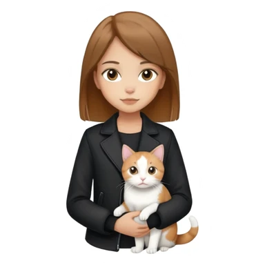 Light-skinned girl with brown straight hair wearing a black jacket, holding one completely white cat and one calico cat sticker