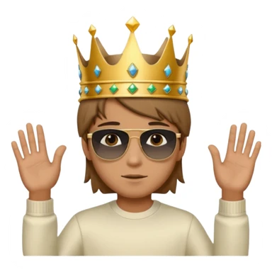 Un niño con cabello lacio no muy largo color marrón castaño,ojos marrones,piel no muy blanca, que tenga lentes de sol color negro,reloj en la mano derecha y una corona como sombrero sticker