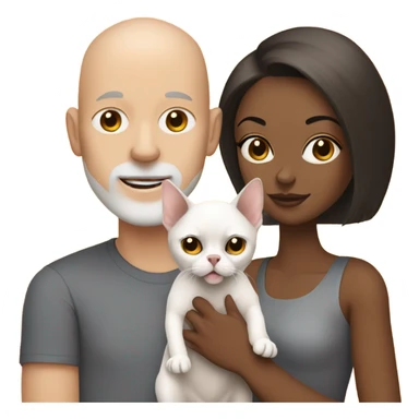 White, bald man is holding a grey, small sphinx cat and woman with dark, straight hair is holding orange, fluffy Pomeranian dog sticker