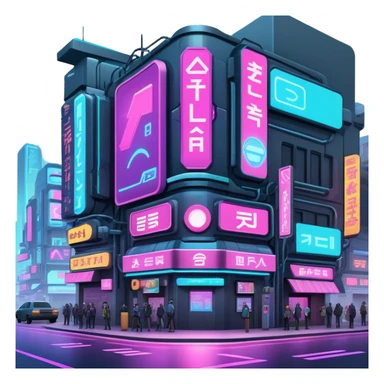 Cyberpunk street corner with neon blinking signage and holographic advertisements sticker