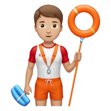 Male lifeguard – red shorts, whistle around neck, holding rescue float. sticker