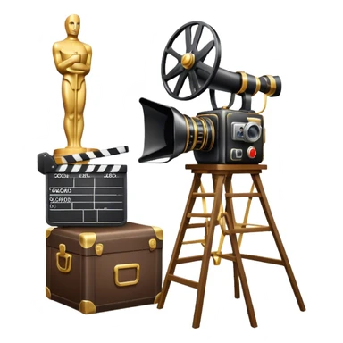 Icon for Directing: a director's chair, a large film camera, a megaphone, a stage set with lights and an Oscar statuette. The icon should represent the creative and leadership aspects of directing, with focus on film and theater production. Transparent background. sticker