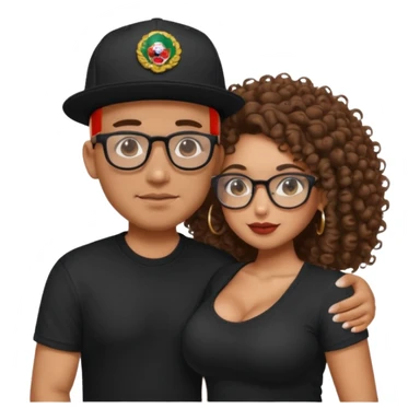 A picture of a tanned couple embracing. the guy is Mexican, with a bald hair cut and he has a SnapBack hat on. The girl is mixed, the girl is wearing a black shirt, the girl has brown curly big hair and the girl has big boobs and the girl wears glasses but the man doesn't  sticker