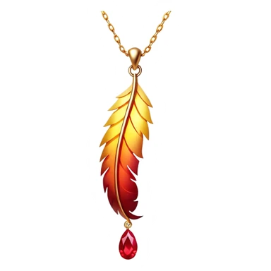 glowing ruby pendant shaped like a phoenix feather, red-yellow gradient, chain suspended midair with rebirth aura sticker