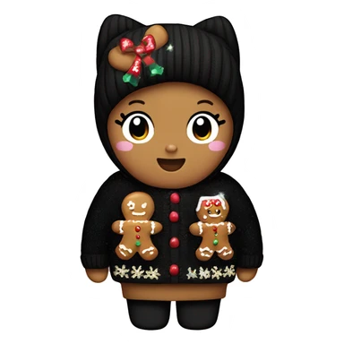 Hello kitty wearing black sweater with a glittery gingerbread embroidered on the sweater sticker