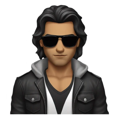 Man with long shoulder length black hair, masculine strong serious face, fine lips, black sunglasses, lather jacket, underneath black t-shirt, muscles sticker
