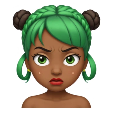 Create a 3D cartoon-style girl character with dark skin, round face, angry expression, big wide eyes, and tightly styled double buns made of green beaded hair. The girl should look irritated, eyebrows sharply angled, and lips pressed in a frown. sticker