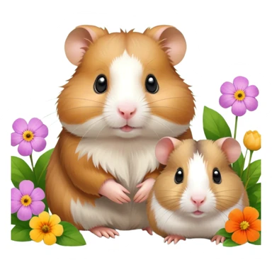 Icon for Hamster and Guinea Pig: A portrait-style collage with a fluffy hamster with soft fur, looking curious, and a friendly guinea pig with long, smooth fur, both on a soft green background with flowers and soft light. Transparent background. sticker