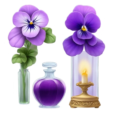 A pink aesthetic still-life: a decorative candle in a glass jar, violet pansies in a crystal vase, and an ornate purple perfume bottle sticker