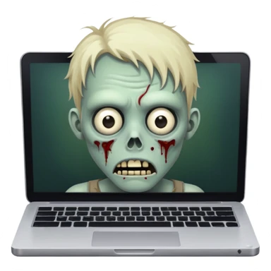 A tired sad zombie behind a laptop sticker