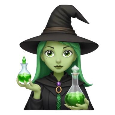 Witch with Green Skin – long-nosed witch in black hat holding potion sticker