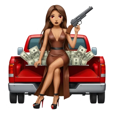 Lilith symbol red eye seductress evil long brown haired sexy succubus woman with leather long dress with slit, sitting in Big Large F350 pickup truck. Black Platform high heels on feet. Back of truck full of stacks of cash, sitting behind her is  a human skull with a gun in other hand sticker