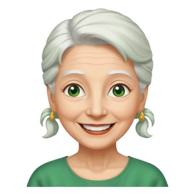 abuela con ojos verdes, pelo blanco, pelo blanco y amarrado, aspecto feliz, pelo blanco, no verde, solo verde los ojos sticker