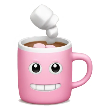 pink plain mug without print with one handle on the right, inside it coffee and marshmallows, sticker