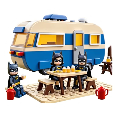  Ultra cute futuristic Lego detailed Batman and pretty Catwoman dream house Caravan with picnic table and folding chairs alone at romantic afternoon (hot chocolate and cheeseburgers on the grill) sticker