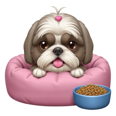 old ALL grey shih tzu in pink dog bed tongue hanging out near bowl of food sticker