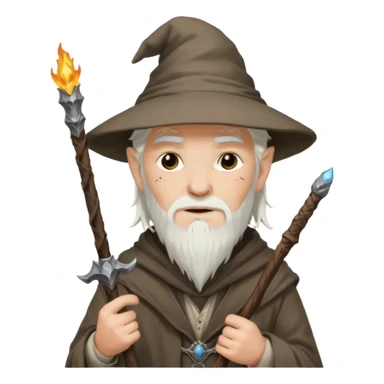 A punk guy with white hair, wearing a hat, holding a Gandalf staff and an AK-47 sticker