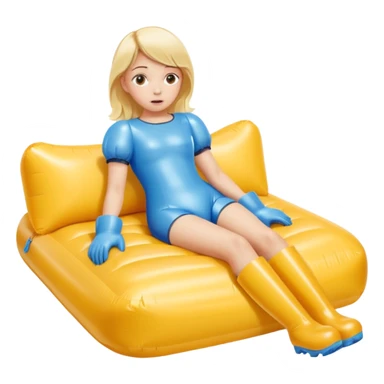 chica rubia con cara de miedo con unas botas de presoterapia gigantes inflables tirada en una cama amarilla sticker