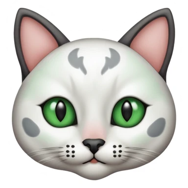 Haz una gata de ojos verdes la cara blanca con mancha negra en las orejas que agarra parte de la frente del lado der pero del iz va desde el ojo hasta la oreja la mancha, tiene la nariz negra en forma de corazón y todo lo que sobra de la cara, barbilla la nariz arriba y el lado de bigotes es blanca sticker